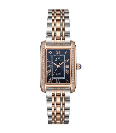 Elegant women's watch with black dial, gold accents, and diamond-studded bezel.