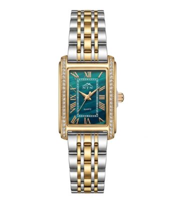 Elegant women's watch with black dial, gold accents, and stainless steel band.