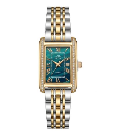 Elegant women's watch with black dial, gold accents, and stainless steel band.
