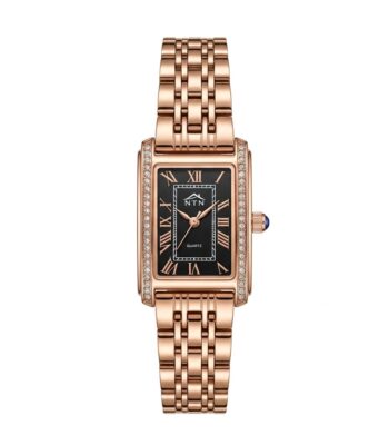 Elegant women's watch with black dial and rose gold band from NTN.