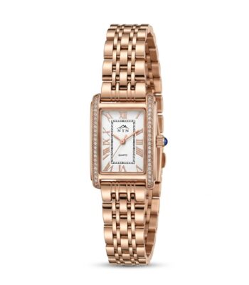 Elegant NTN women's watch with black dial and gold case, adorned with crystals.